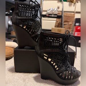 Gianni Bini Black Cutout Wedge Sandals